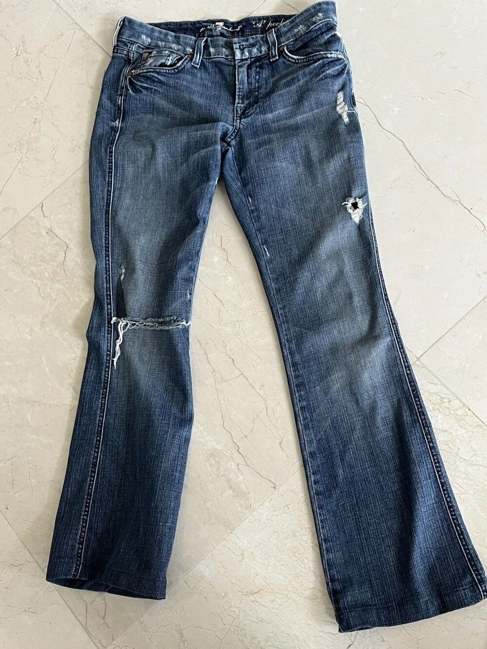 7 For All Mankind Women's Blue 'A' Pocket Bootcut Jeans Size 28 Distressed